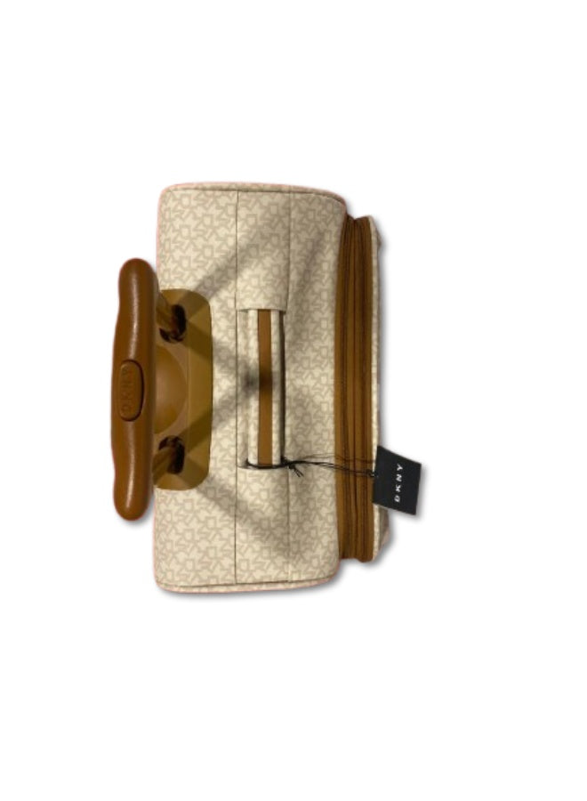 DKNY Signature Stripe Medium Hard Shell Suitcase – Cream Color | Lightweight Trolley Luggage with 360° Spinner Wheels