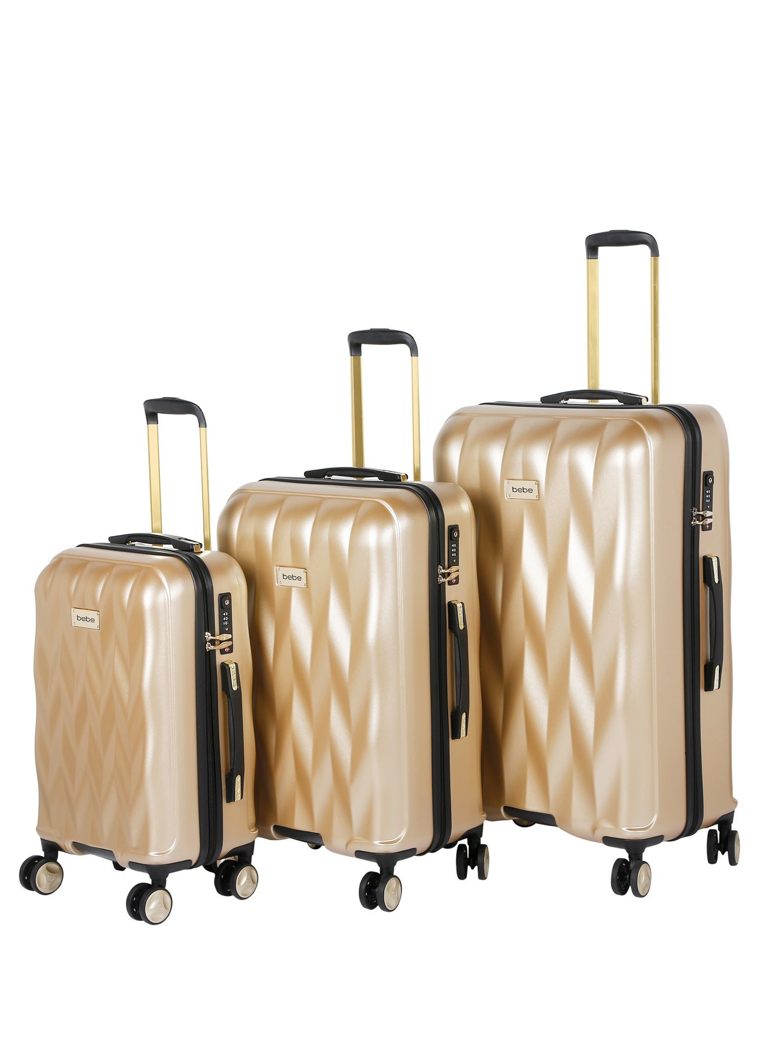 BEBE Diamond Textured Hard Shell Trolley Suitcase with Spinner Wheels and TSA Lock – Elegant Gold