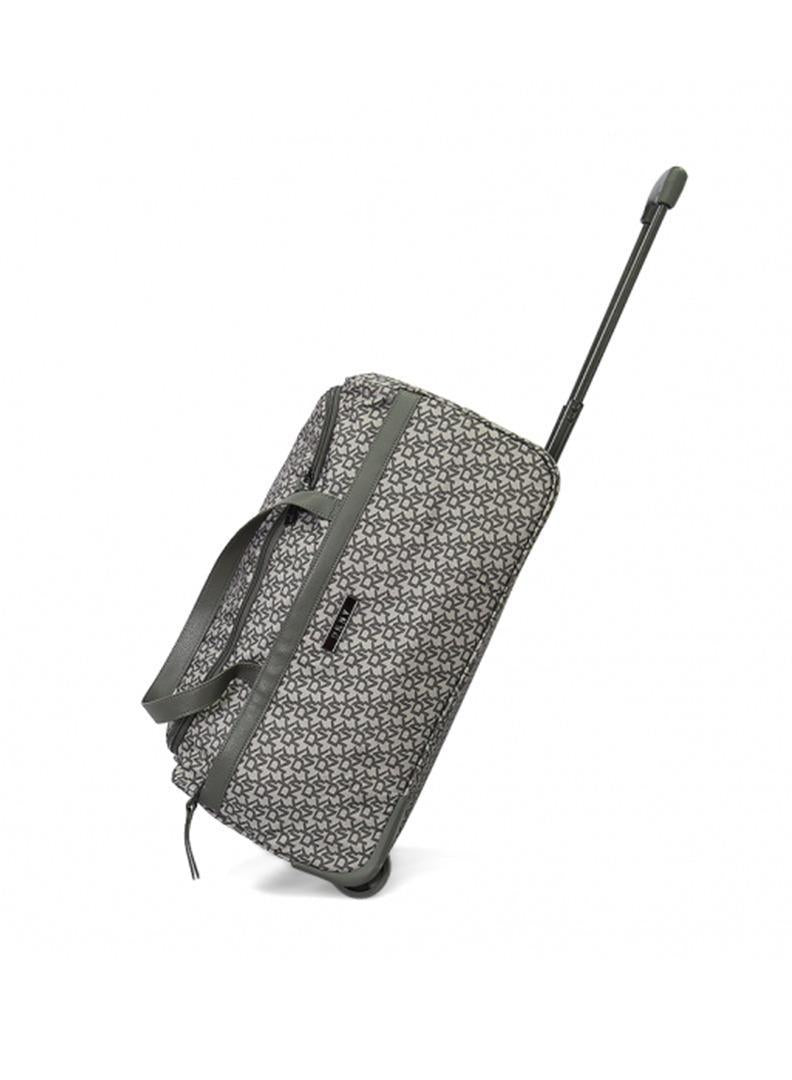 DKNY Monogram Grey Duffle Bag with Wheels | Unisex Travel Handbag with Adjustable Shoulder Strap